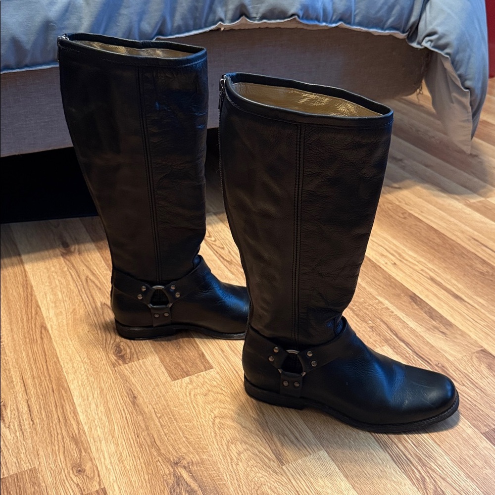 Frye Phillip Harness Tall Zip Black Leather Boots